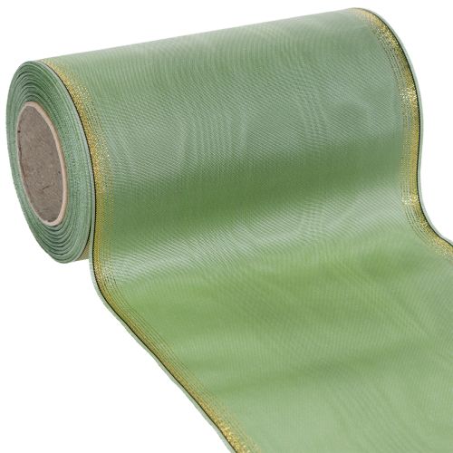 Moiré Kranzband Salbei Grün mit Goldrand - 175mm x 25m - Deko-Band für Floristik & Feierlichkeiten