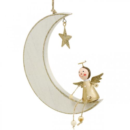 Floristik21 Adventsdeko, Engel auf Mond, Holzdeko zum Hängen Weiß, Golden H14,5cm B21,5cm 3 St