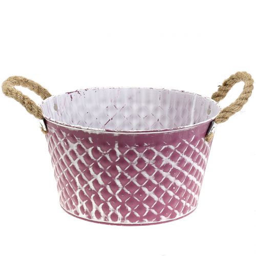 Zinkschale Raute mit Seilgriffen Violett weiß gewaschen Ø24,5cm H14cm