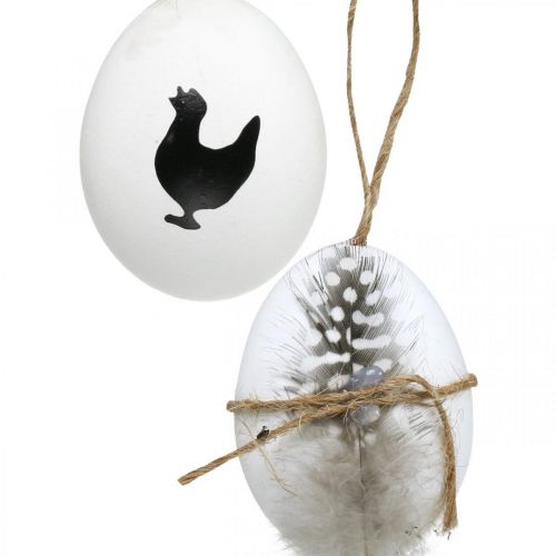 Floristik21 Osterdeko, Hühnereier zum Hängen, Deko-Eier Feder und Huhn, Braun, Blau, Weiß 6er-Set