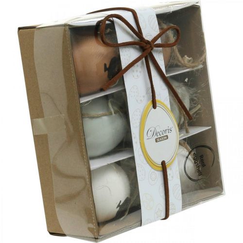 Floristik21 Osterdeko, Hühnereier zum Hängen, Deko-Eier Feder und Huhn, Braun, Blau, Weiß 6er-Set