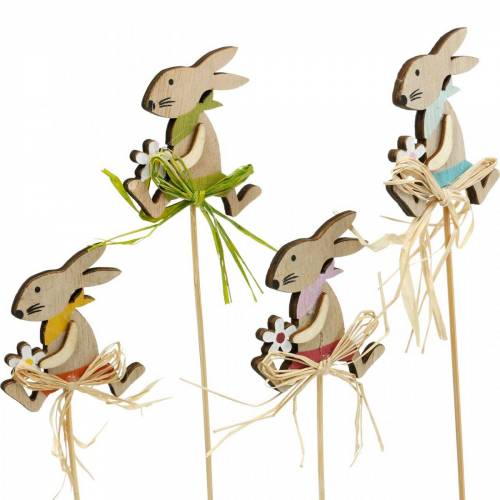 Osterhase mit Blume, Hasendeko für Ostern, Hase am Stab, Frühling, Holzdeko Blumenstecker 12St