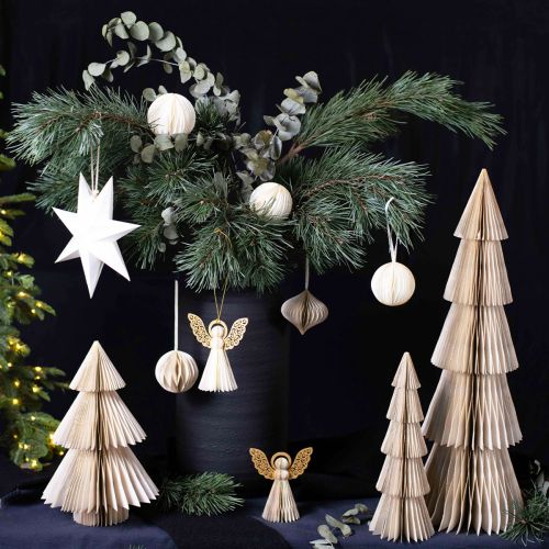 Floristik21 Papier Weihnachtsbaum Papier Tannenbaum Weiß, Gold H60cm