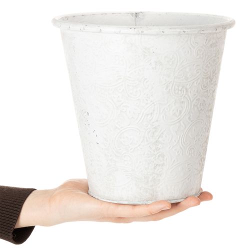 Pflanzgefäß, Übertopf mit Ornamenten, Metalldeko Weiß, Grau Ø20,5cm H19,5cm | Floristik21.de