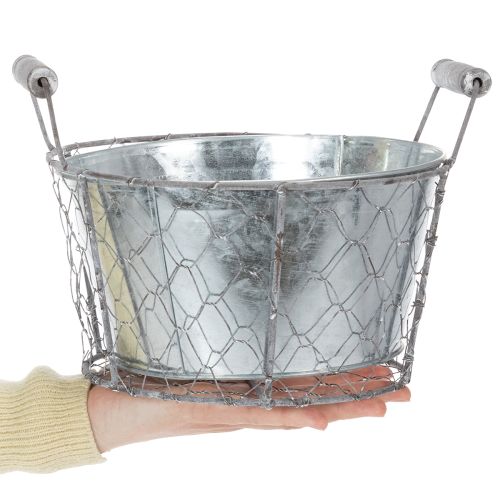 Pflanzkorb mit Einsatz, Drahtkörbchen, Pflanzgefäß Frühling Silbern, Weiß gewaschen, Shabby Chic Ø22cm H17,5cm | Floristik21.de