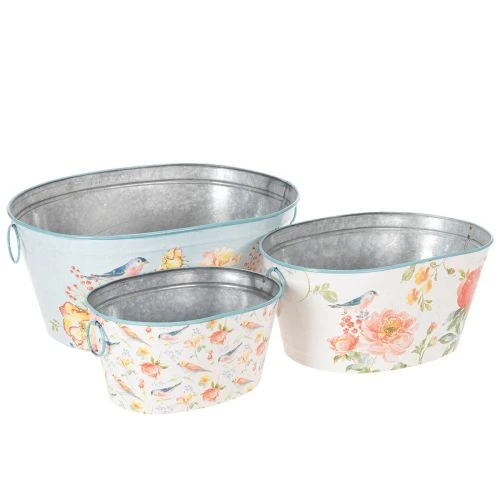 Pflanzschalen, Frühling, Pflanzkübel Blumen/Vögel, Metallgefäß oval L39/31/24,5cm 3er-Set