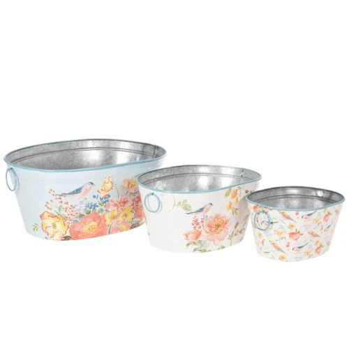 Pflanzschalen, Frühling, Pflanzkübel Blumen/Vögel, Metallgefäß oval L39/31/24,5cm 3er-Set | Floristik21.de