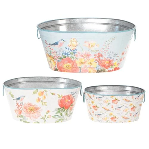 Pflanzschalen, Frühling, Pflanzkübel Blumen/Vögel, Metallgefäß oval L39/31/24,5cm 3er-Set | Floristik21.de