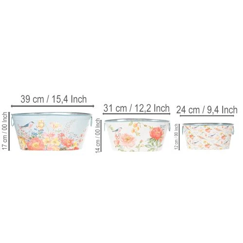 Pflanzschalen, Frühling, Pflanzkübel Blumen/Vögel, Metallgefäß oval L39/31/24,5cm 3er-Set | Floristik21.de