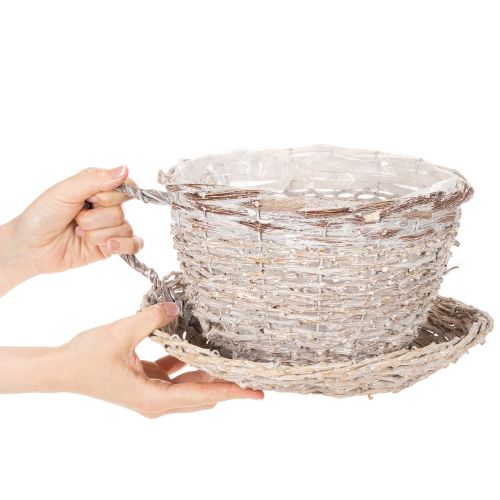Korb-Tasse mit Unterteller aus Weide, 34 cm, Weiß-Grau, mit Folie | Floristik21.de
