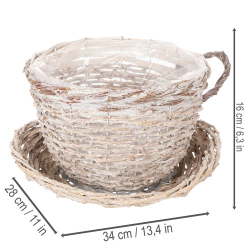 Korb-Tasse mit Unterteller aus Weide, 34 cm, Weiß-Grau, mit Folie | Floristik21.de