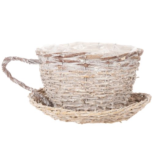 Korb-Tasse mit Unterteller aus Weide, 34 cm, Weiß-Grau, mit Folie | Floristik21.de