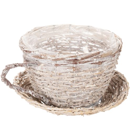Korb-Tasse mit Unterteller aus Weide, 34 cm, Weiß-Grau, mit Folie | Floristik21.de