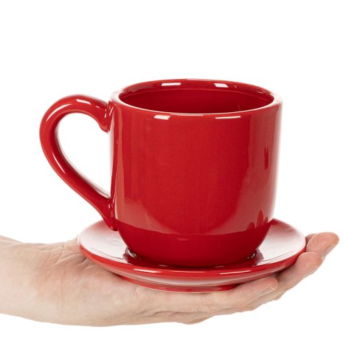 Keramik Pflanzgefäß Tasse mit Unterteller Rot 17cm | Floristik21.de