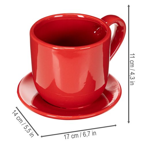 Keramik Pflanzgefäß Tasse mit Unterteller Rot 17cm | Floristik21.de
