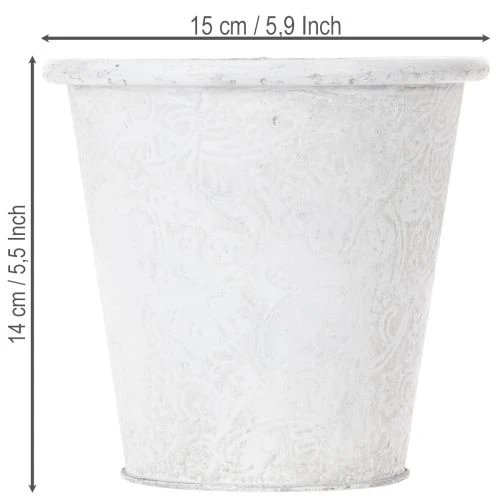 Pflanztopf mit Ornamenten, Übertopf, Metallgefäß Weiß Ø15,5cm H14,5cm | Floristik21.de