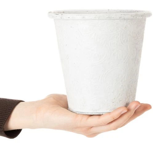 Pflanztopf mit Ornamenten, Übertopf, Metallgefäß Weiß Ø15,5cm H14,5cm | Floristik21.de