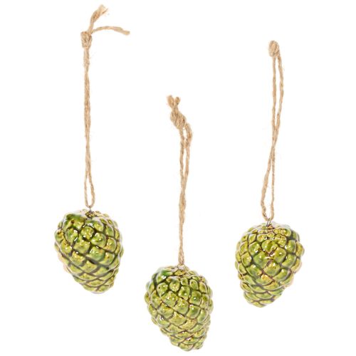Keramik-Zapfen Anhänger Grün 5cm 3er-Set mit Naturfaser-Aufhängung