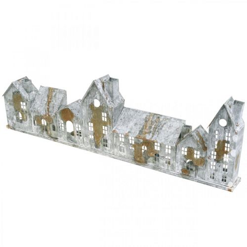 Häuser zum Beleuchten, Fensterdeko, Lichterhäuser Silbern, Metallwindlicht Antik-Look L67,5cm H20cm | Floristik21.de