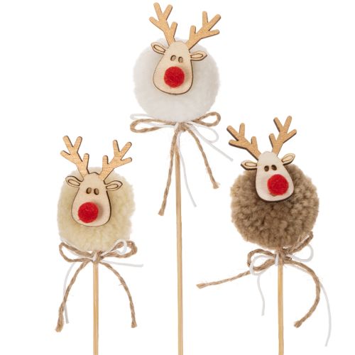 Dekostecker Rentierfigur aus Holz, Stoff und Pompom 24cm, Braun/Beige/Weiß, 12 Stück Innenbereich