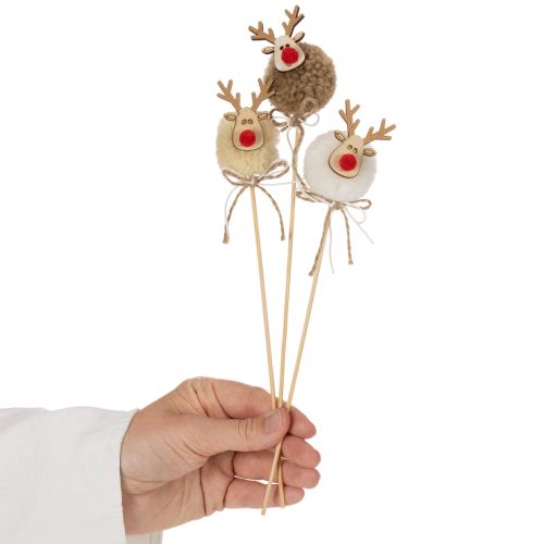 Dekostecker Rentierfigur aus Holz, Stoff und Pompom 24cm, Braun/Beige/Weiß, 12 Stück Innenbereich | Floristik21.de