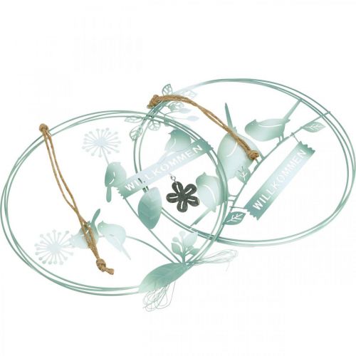 Artikel Vogeldeko zum Hängen, Willkommensschild, Metalldeko für den Frühling, Türschmuck Grün, Weiß Ø27cm 2er-Set
