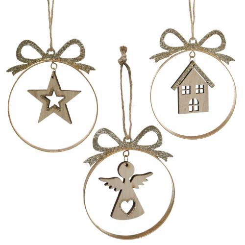 Deko-Hänger Christbaumkugel mit Stern, Engel und Haus Metall, Holz Ø8,5cm H11cm 3St