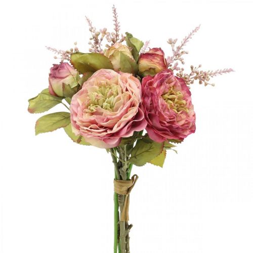 Floristik21 Rosen Seidenblumen im Bund Herbstbouquet Rosa, Violett H36cm
