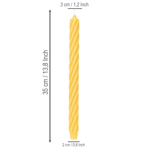 Gedrehte Stabkerzen aus Wachs, durchgefärbt, Gelb, 350 x 28 mm, 4 Stück | Floristik21.de