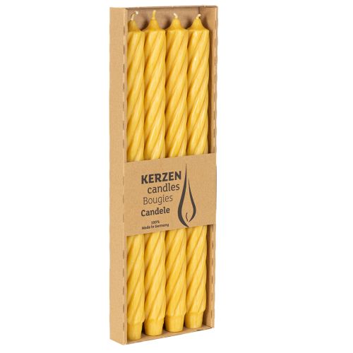 Gedrehte Stabkerzen aus Wachs, durchgefärbt, Gelb, 350 x 28 mm, 4 Stück | Floristik21.de