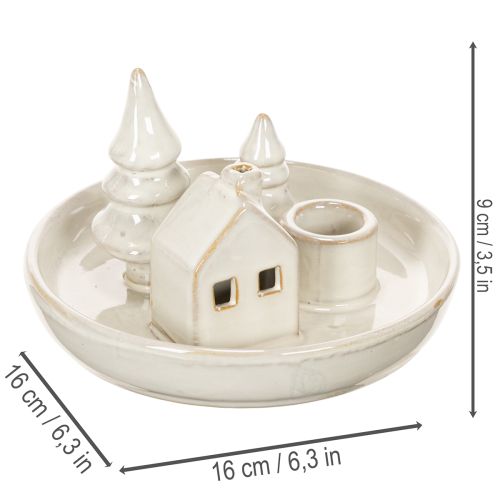 Deko-Kerzenhalter Keramik 16 cm rund mit Haus- und Baum-Motiv grauweiß | Floristik21.de