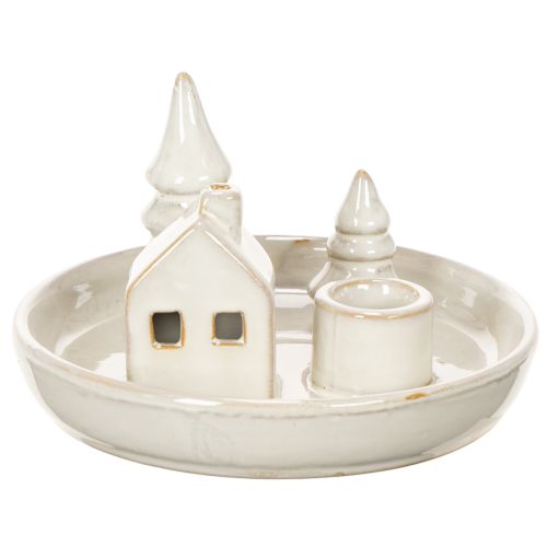 Deko-Kerzenhalter Keramik 16 cm rund mit Haus- und Baum-Motiv grauweiß | Floristik21.de