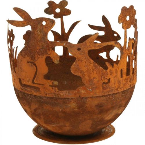 Floristik21 Metallschale mit Hasen, Osterdeko, Gefäß zum Bepflanzen Edelrost Ø18cm H19,5cm