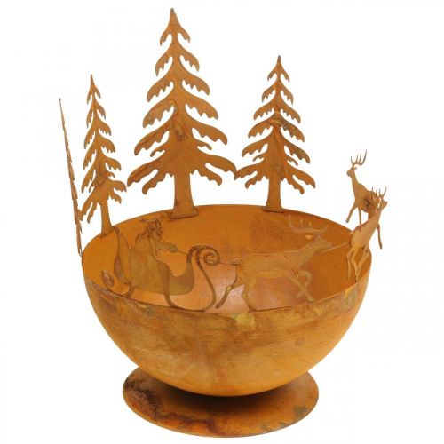 Deko-Schale mit Weihnachtsschlitten, Adventsdeko, Metallgefäß Edelrost Ø25cm H32,5cm