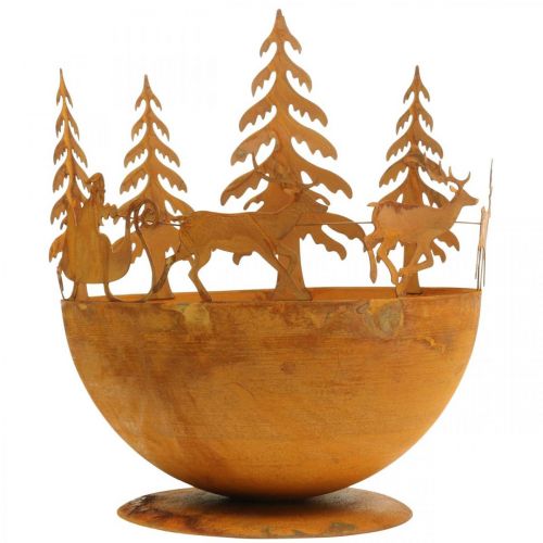 Deko-Schale mit Weihnachtsschlitten, Adventsdeko, Metallgefäß Edelrost Ø25cm H32,5cm