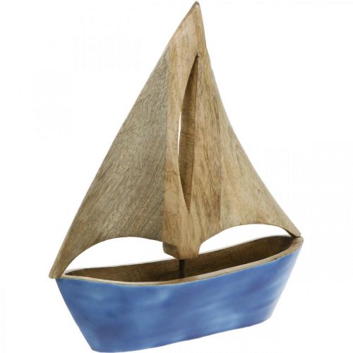 Deko Segelboot Holz Mango, Holzschiff Blau H27,5cm