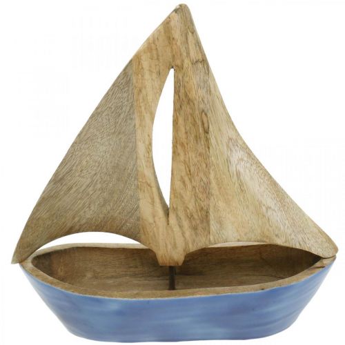 Floristik21 Deko Segelboot Holz Mango, Holzschiff Blau H27,5cm