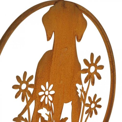 Artikel Metallschild Edelrost Hund mit Blumen Ø38cm
