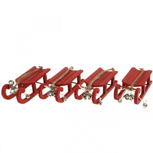 Floristik21 Deko Schlitten Holz Rot mit Glöckchen Kordel L13cm 4St