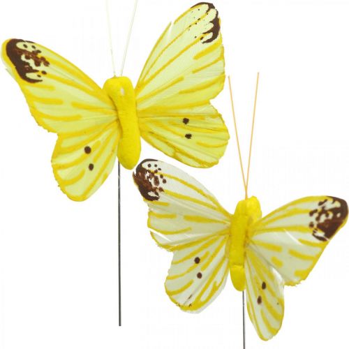Deko-Schmetterlinge, Blumenstecker, Federschmetterling am Draht Gelb, Orange 4×6,5cm 12St