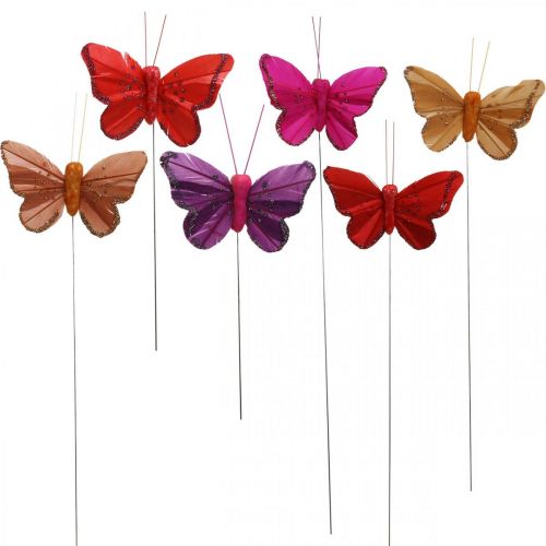Floristik21 Frühling, Federschmetterlinge mit Glimmer, Deko-Schmetterling Rot, Orange, Pink, Violett 4×6,5cm 24St