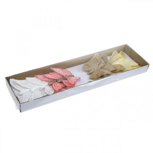 Floristik21 Schmetterlinge mit Glimmer, Hochzeitsdeko, Dekostecker, Federschmetterling Gelb, Beige, Rosa, Weiß 9,5×12,5cm 12 St