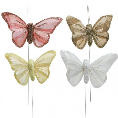Floristik21 Schmetterlinge mit Glimmer, Hochzeitsdeko, Dekostecker, Federschmetterling Gelb, Beige, Rosa, Weiß 9,5×12,5cm 12 St