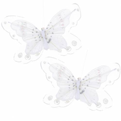 Floristik21 Feder Schmetterling auf Clip Weiß 10cm 12 St