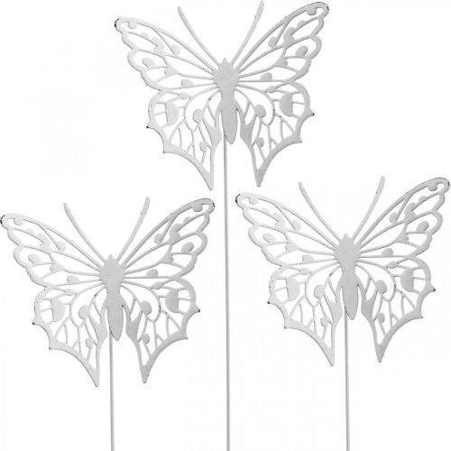 Floristik21 Blumenstecker Schmetterling, Gartendeko Metall, Pflanzenstecker Shabby Chic Weiß, Silbern L51cm 3St