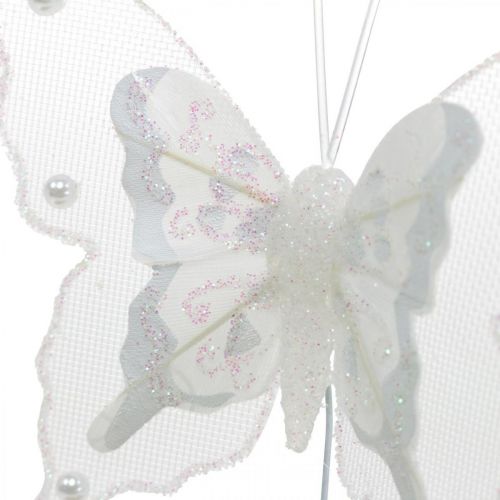 Floristik21 Schmetterlinge mit Perlen und Glimmer, Hochzeitsdeko, Federschmetterling am Draht Weiß