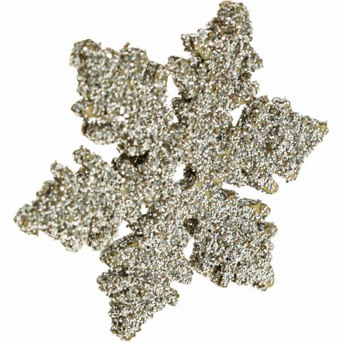 Artikel Schneeflocke Holz 4cm Hellgold mit Glimmer 72 St