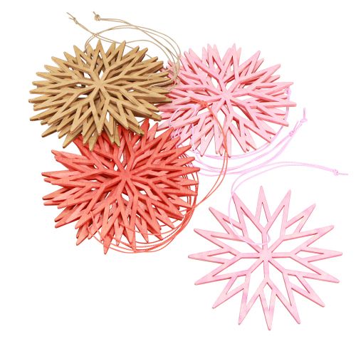 Artikel Schneeflocken Baumschmuck aus Holz in Orange, Rosa und Naturfarben, 10cm, 12er Set