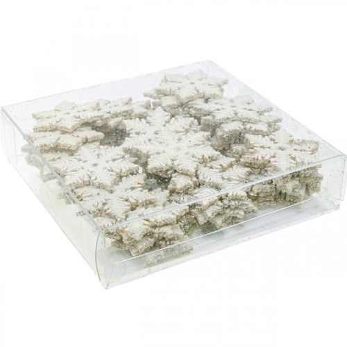 Artikel Schneeflocken Holz 4cm Weiß mit Glimmer 72 St