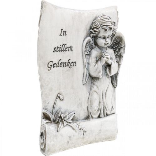 Artikel Grabdeko Engel mit Schriftrolle Grau Polyresin 16×20,5cm